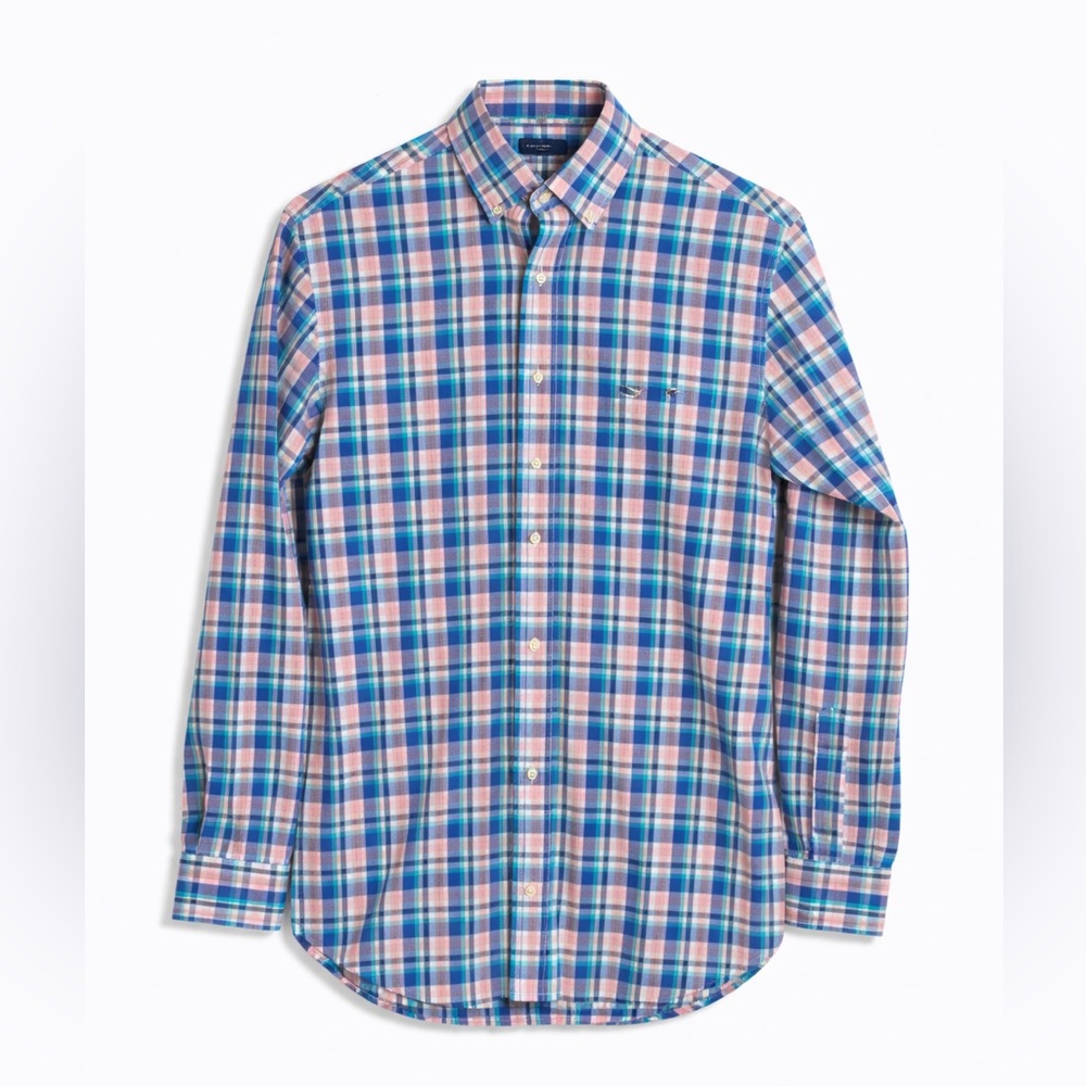 Vineyard Vines Slim Fit Tucker Button Down Shirt Blue Pink Green Plaid Men’s M